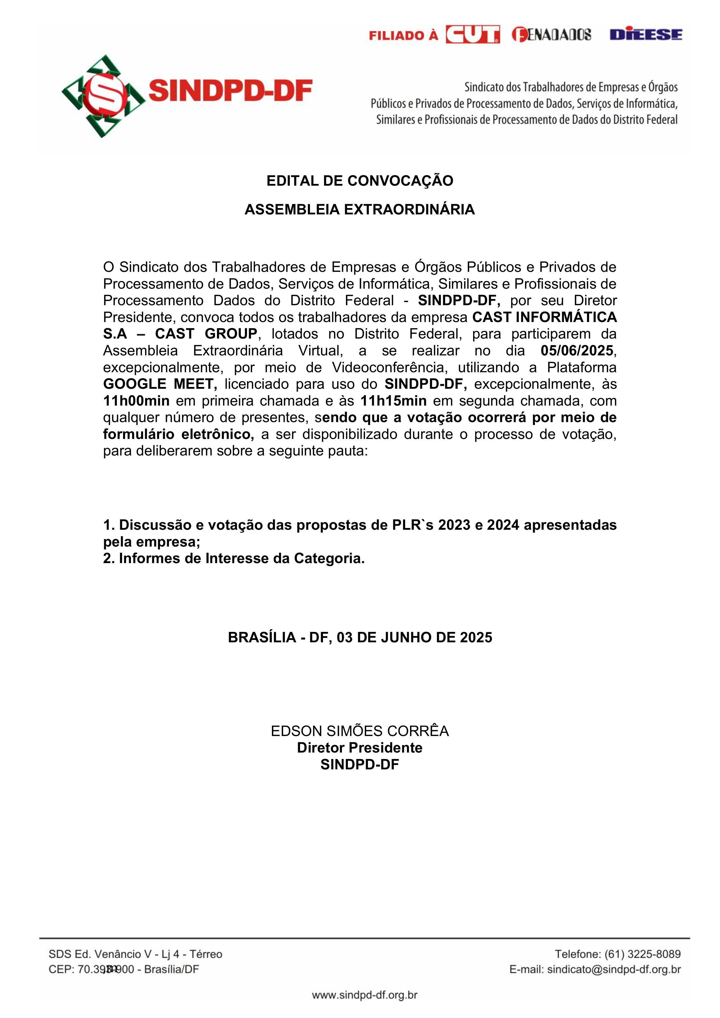 SINDPD-DF CONVOCA TRABALHADORES DA CAST PARA DISCUTIR A PROPOSTA DE PLR 2023 E 2024