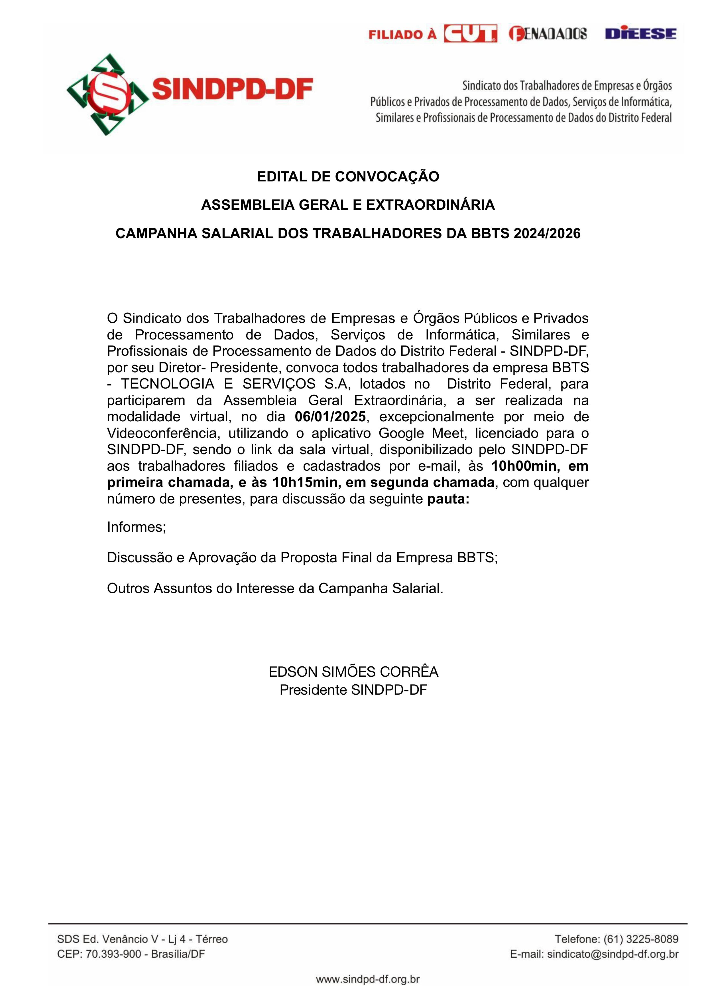 SINDPD-DF CONVOCA TRABALHADORES DA BBTS PARAASSEMBLEIA DIA 6/1/2025